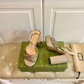 GG HORSEBIT PLATFORM SANDAL IN KHAKI BEIGE MONOGRAM CANVAS AND SHEEPSKIN LINING